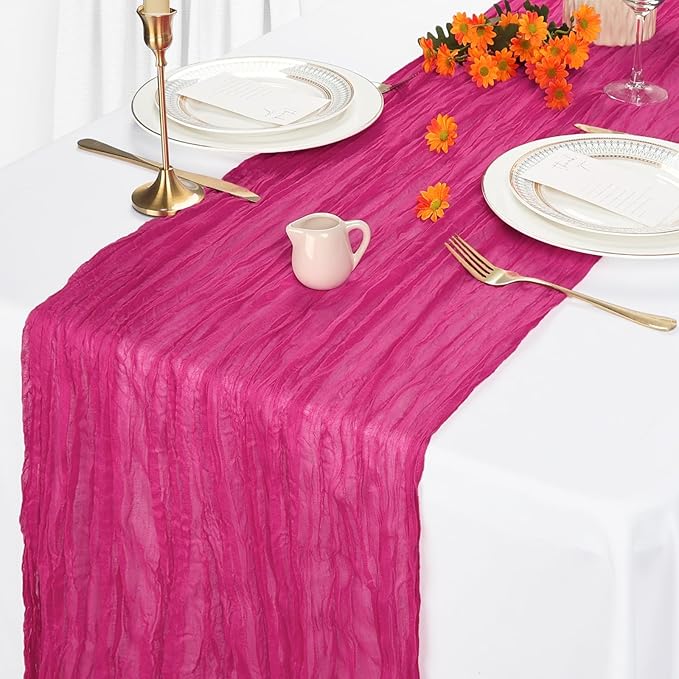 12 Pack Hot Pink Table Runner Cheesecloth 10Ft Spring Gauze Cheese Cloth Table Runner 35x120 Inch Boho Sheer Rustic Fabric for Holiday Party Decor Baby Shower Wedding Decorations
