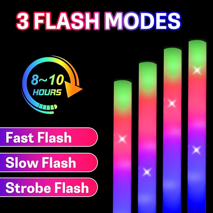 12pcs Foam Glow Sticks,Party Favors Supplies,3 Flashing Modes Glow In The Dark Party Supplies, Light Up Foam Sticks for Wendding Raves Camping Outdoor