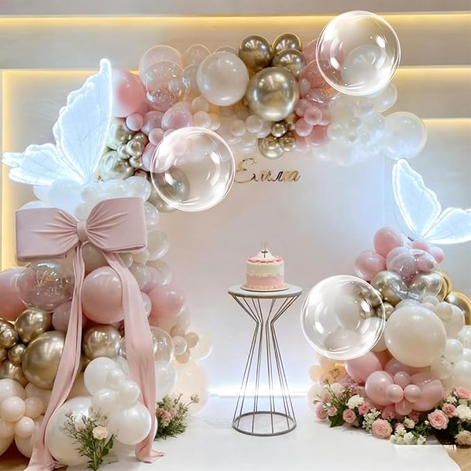 Dusty Pink Balloon Garland Arch Kit, Double Stuffed Pearl Pink White and Gold Balloon Large Clear Balloons for Girls Baby Shower Bridal Shower Wedding Birthday Party Decorations