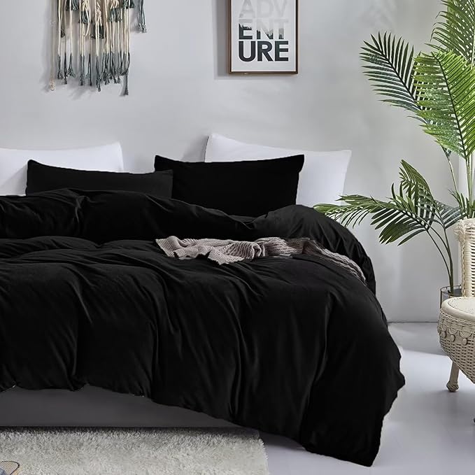 KAREVER Black Velvet Comforter Set - Full Flannel Bedding Comforter Set with 3 PCs Warm Soft Solid Black Winter Blanket