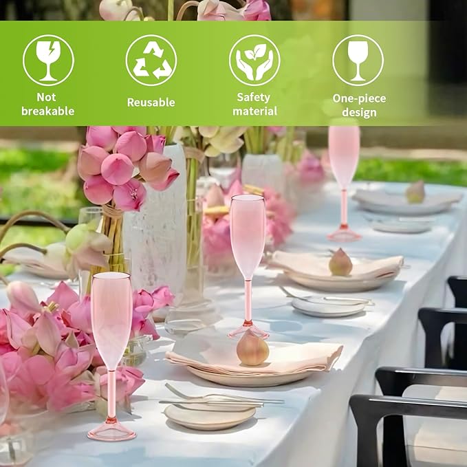 JLYLOL Champagne Flutes 5.4OZ Plastic Champagne Glasses Wine Glasses Plastic Goblets for Parties Mimosa Bar Glasses Stemmed Drinking Cups for Wedding Celebration Christmas Birthday Bride (Clear Pink)