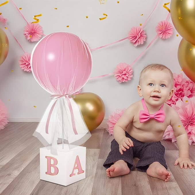 6 Set 24'' Pink Gold Tulle Tutu Balloon with Letter Boxes Princess Baby Shower Table Centerpiece Decor for Gender Reveal Latex Balloon White Tulle Cover with Stand Box for Girl Wedding Birthday Party