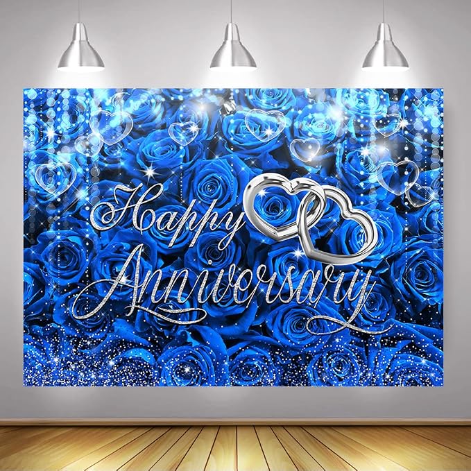 Mocsicka Happy Anniversary Backdrop Wedding Together Anniversary Party Decoration Red Rose Florals Gold Bokeh Heart Background Wedding Couple Love Party Supplies (Blue, XL-(120x96 inch))