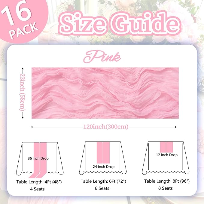 16 Pack Pink Cheesecloth Table Runner 10ft Boho Gauze Fabric 120 Inch Cheese Cloth Table Runner Rustic Sheer for Holiday Baby Shower Party Décor Home Wedding Decoration
