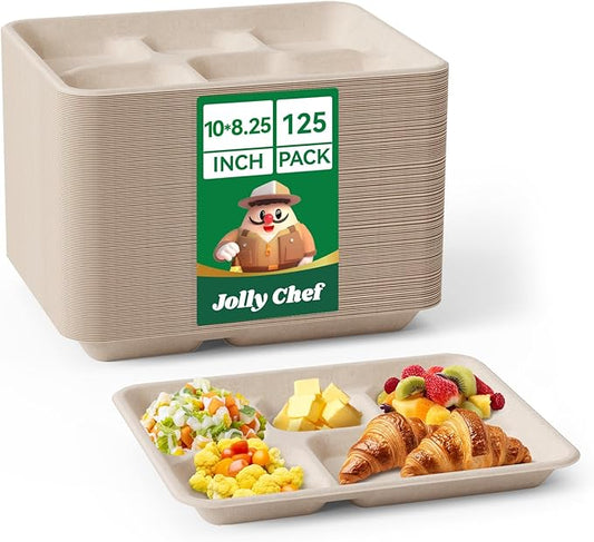 JOLLY CHEF Small Compostable 5 Compartment Paper Plates 10 * 8.25 * 1 inch 125 Pack Disposable Eco-Friendly Biodegradable Food Trays for Primary and Secondary School Students’ Lunch (Brown)