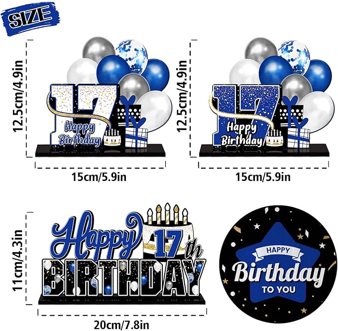 LINGTEER Happy 17th Birthday Blue Acrylic Table Topper Centerpieces Set - Cheers to Seventeen Years Old Birthday 17th Bday Party Gift Decorations.