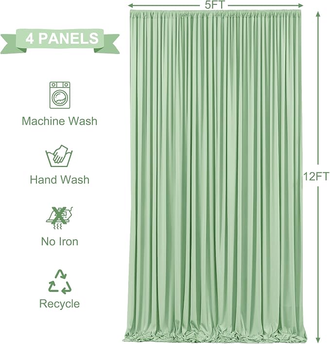 4 Panels Sage Green Backdrop Curtains for Wedding Party Wrinkle Free Backdrops Curtain Drapes Fabric Decorations Photo Back Drop Cloth for Baby Shower Photography Stage Reception 20ft(W) x 12ft(H)