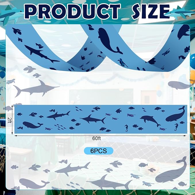 VioraWhite 6 Pcs Under the Ocean Ceiling Decorations Shark Themed Birthday Party Decorations 24 Inch x 12 ft Whale Shark Banners Marine Sea Animal Ceiling Covers for Baby Shower Daycare Classroom