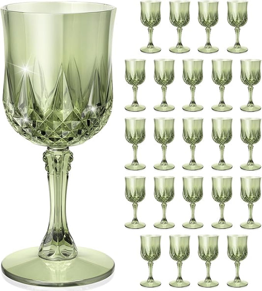 Plastic Wine Glasses, Disposable Plastic Goblets 7.1oz for Wedding Party Holiday, Unbreakable Wine Cups with Stem Vintage for Champagne, Juice, Cocktail (24pcs Green)