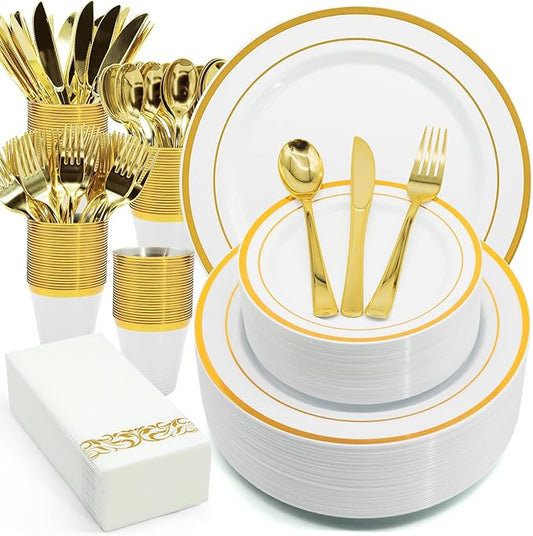 AIRE 350PCS Gold Plastic Plates for Party Supplies Dinnerware Sets for 50 Guests, Disposable Plastic Party Plates, Cups, Spoons, Forks, Knives, Napkins for Wedding Birthday Thanksgiving BBQ Parties