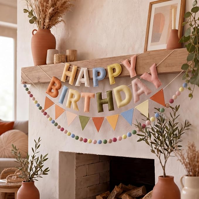 Pre-Strung Happy Birthday Banner Boho Reusable Felt Birthday Party Decorations 3D Effect HappyBirthday Sign with Felt Ball Garland, Pennant Flag for Men Women Boy Girls