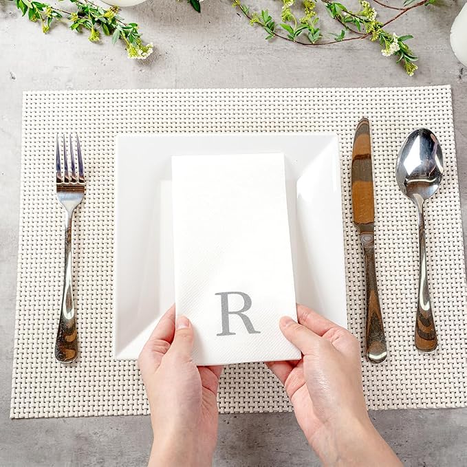 Luxenap 15.8 X 7.9 Inch Linen-Feel Guest Towels, 50 Lettered Hand Towels - Silver Letter 'R', Sans Serif Font, White Paper Dinner Napkins, airlaid, For Restrooms And Tables - Restaurantware