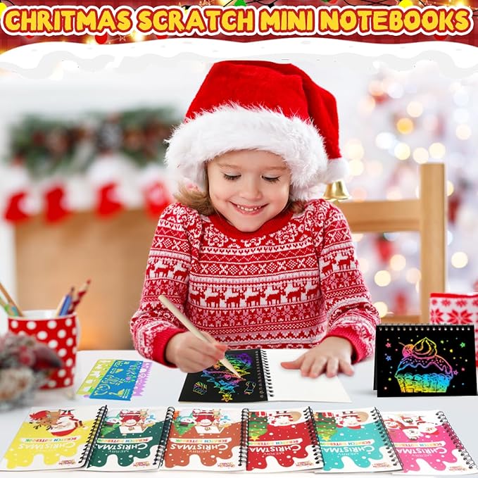 Scratch Art Party Favors for Kids 8-12: 16 Pack Christmas Rainbow Scratch Art Notebook, Christmas Coloring Books Goodie Bags Stuffers for Kids, Bulk Classroom Birthday Gifts for Student