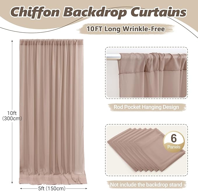 30ft x 10ft Taupe Backdrop Curtain Drapes, Wrinkle-Free Sheer Chiffon Fabric Photo Backdrop Panels for Wedding Arch Party Ceremony Stage Photo Backgrounds