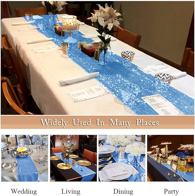 ShinyBeauty Baby Blue Table Runner 2 Pack 12''X108'' Sequin Table Runner Sequence Light Blue Table Runners 108 Inches Sparkle Party Table Runner Wedding Decor