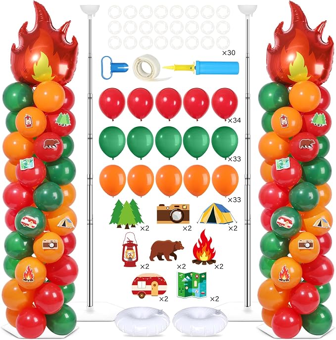 2 Sets Vbs Camping Balloon Column Stand Kit With 102 Camping Balloons Campfire Foil 5.57ft Adjustable Balloon Tower Stand With Bases Adjustable Arch Column for 2026 School Camp Party Birthday Supplies