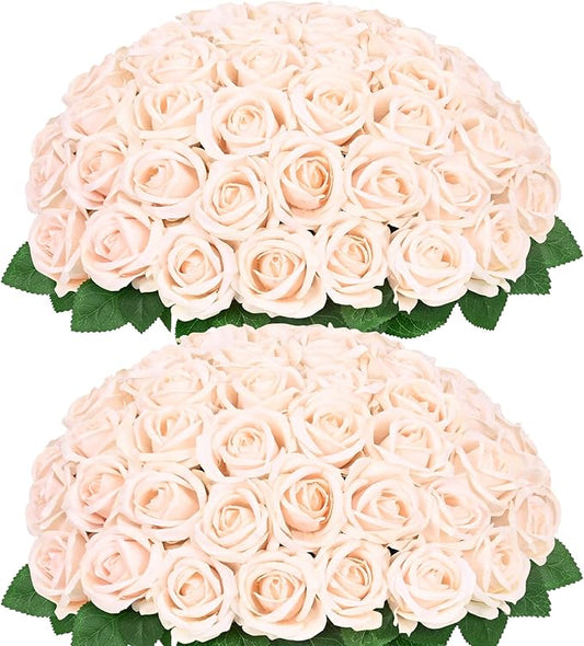 50 Pcs Champagne Roses Artificial Flowers, Real Touch Velvet Roses Bouquet Fake Flowers Bulk, Artificial Roses with Long Stems for Birthday Gift Women Mom DIY Bridal Wedding Centerpiece Decorations