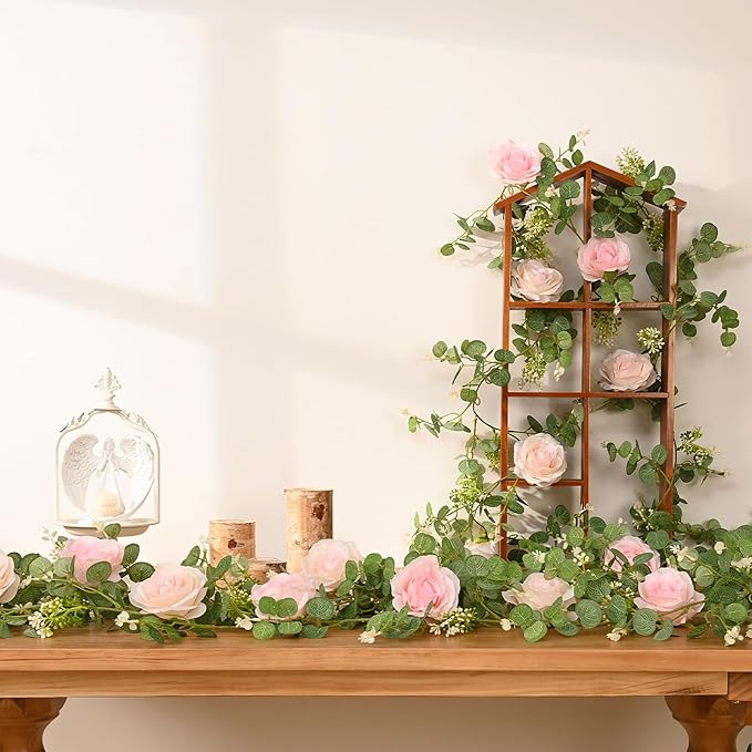 Dolicer 4Pcs 26 Ft Artificial Eucalyptus Garlands with Flowers - 8 Roses, Faux Floral Greenery Garlands Fake Flowers Vines for Wedding Table Centerpieces Arch Party Ceremony Backdrop Decor (Pink)