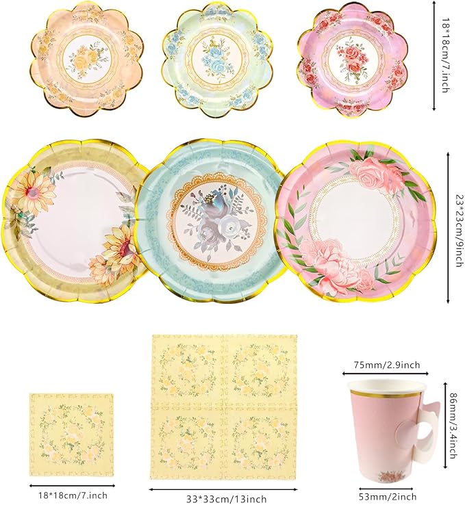 24 Sets Vintage Floral Paper Tea Cups and Saucers Disposable Tea Party Supplies, Teacup with Handle, 9'' ＆ 7'' Plate, Napkin, Afternoon Tea Party Decorations for Birthday, Baby Shower, Mother's Day