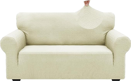 ZNSAYOTX 1 Piece Jacquard Couch Covers for 2 Cushion Couch High Stretch Loveseat Slipcover for Pets Dogs Anti Slip Love Seat Sofa Slipcover Furniture Protector (Medium,New Pattern Light Beige)