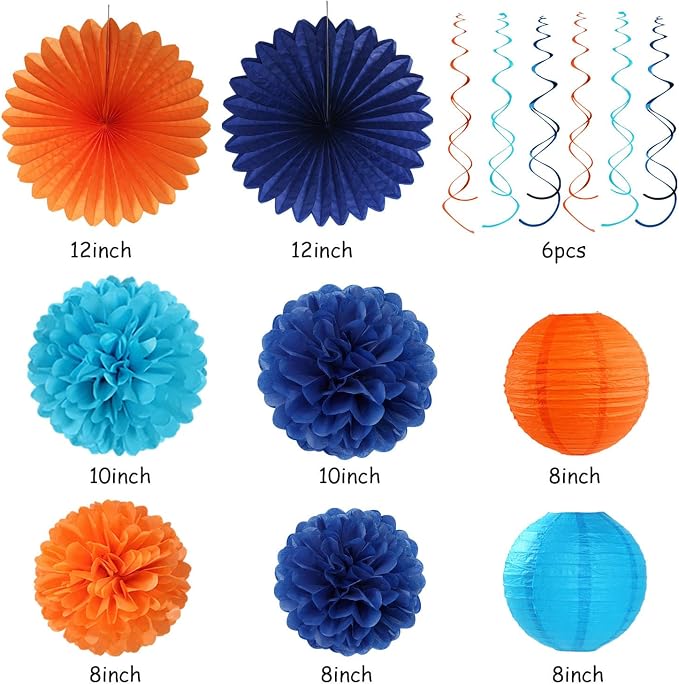 Royal-Light Blue Orange Happy-Birthday Party-Decorations - 31pcs Men Boys Paper Lanterns Streamers Banner,Navy Tissue Flowers Pom Poms Fans Tassels Garland Decor Backdrop Supplies Hugmoon
