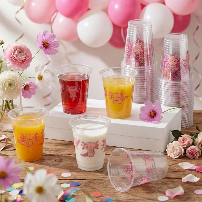 Funnymoom 60 Pack Pink Axolotl Birthday Decoration Cups 12 oz Cute Cartoon Animal Disposable Clear Plastic Drinking Cups for Reptile Animals Themed Birthday Baby Shower Party Decorations Supplies