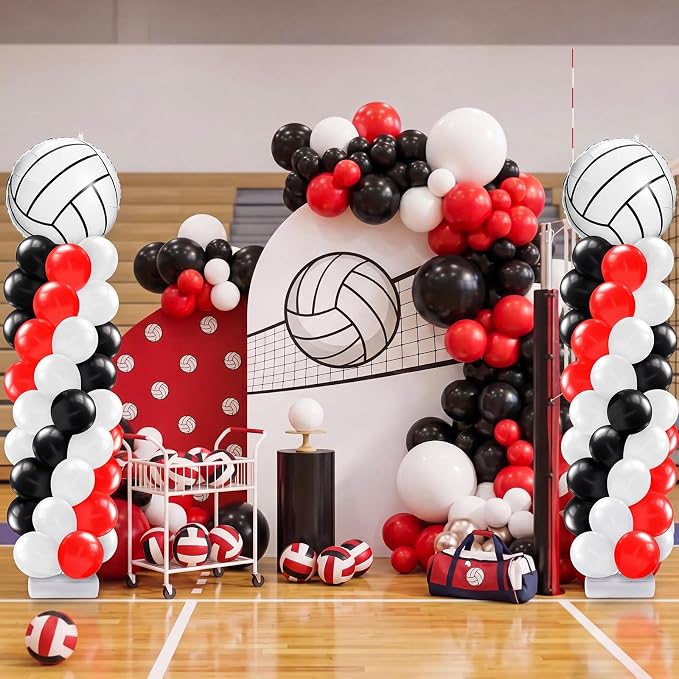 Kasyat 2 Sets Volleyball Balloon Column Stand Kit Red Black White Volleyball Sports Balloons Adjustable Balloon Arch Stands for Senior Night Decorations Birthday Supplies