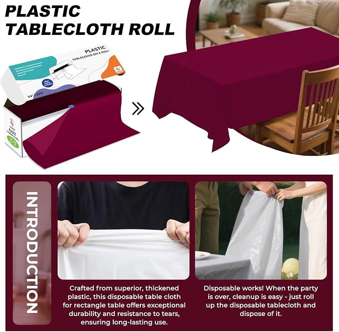 54IN X 320FT Plastic Table Cover Roll with Cutter Box, Cut to Size Plastic Table Cloths for Parties, Birthday, Disposable Tablecloth Roll for All Shape Tables (Burgundy, 54 Inch X 320 Feet)