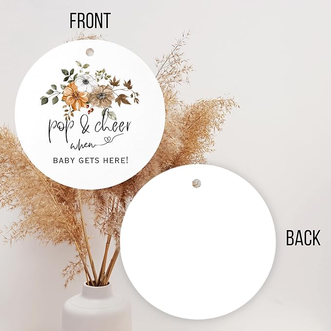 Pop It When She Pops Boho Mini Champagne Fall Hang Tags | 30 pk 2.5” with Holes Neutral Floral Labels for Baby Shower Bubbly Wine Stickers