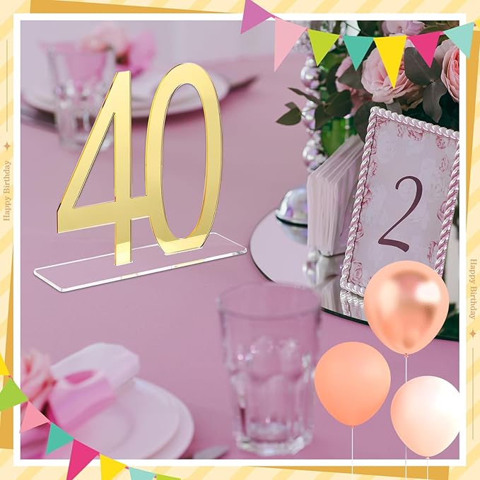 Threehoney 12 Pcs Mirror Gold 40th Birthday Decorations for Men and Women Acrylic Anniversary Decorations Table Numbers Centerpieces for Birthday Party
