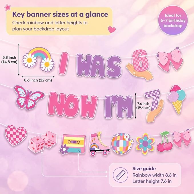 67 Birthday Decorations Set for Girls, 46PCS, Turning 7 Theme Birthday | Paper-3 Banners,24 Cupcake Toppers,1 cake Toppers,18 Balloons, i was 6 now im 7 birthday decorations