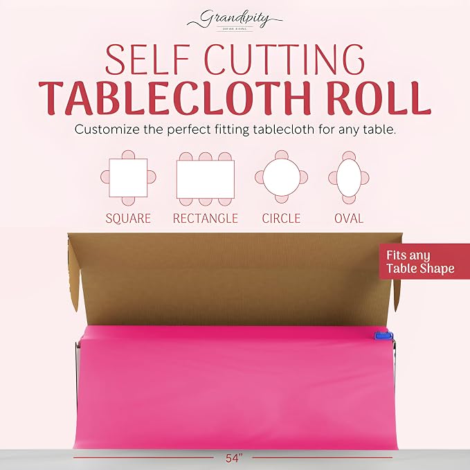 Grandipity Plastic Tablecloth Roll - 54in x 100 Ft. Hot Pink Plastic Table Cloths for Parties Disposable with Cutter Box - Cut to Size Disposable Tablecloth Table Cover for Rectangle & Round