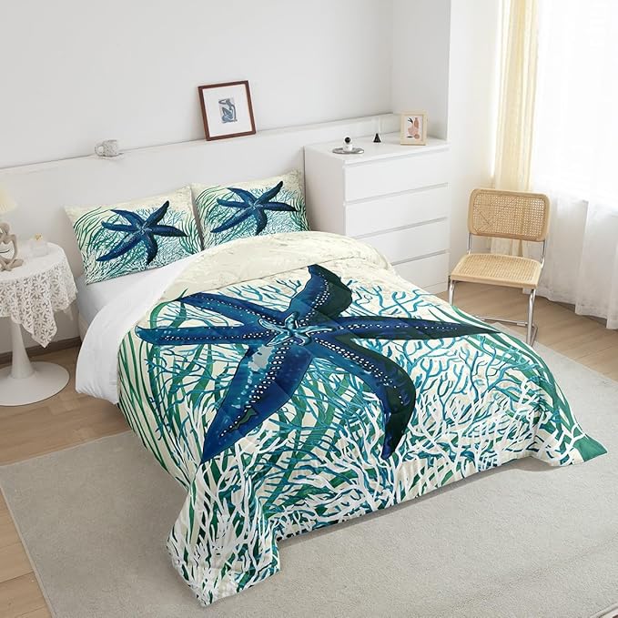 Feelyou Starfish Beach Comforter Set King Size Kids Summer Theme Comforter for Boys Girls Teens Marine Themed Bedding Set Underwater Animal Duvet Set Ocean Creature Quilt