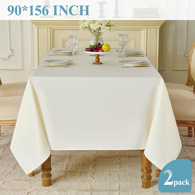 VidaFete Tablecloth 2 Pack90*156inch Rectangle Table Cloth Polyester, Stain Wrinkle Resistant Polyester Dining Table Cover for Kitchen Dinning Party Wedding Rectangular Buffet Decoration(Ivory)
