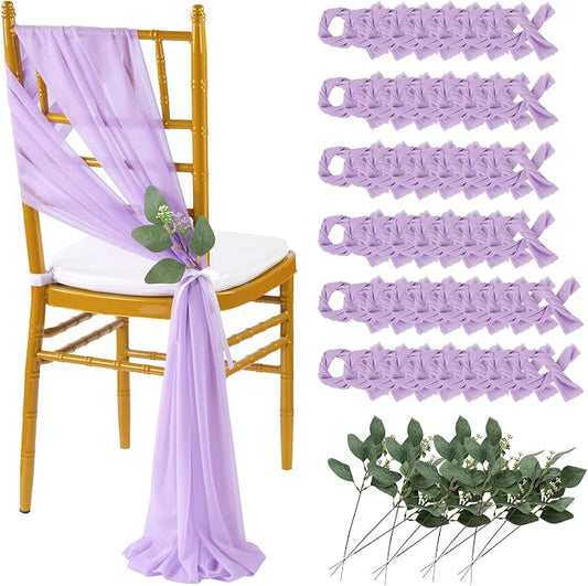 QueenDream Wedding Aisle Chair Sashes 50 Pieces Light Purple Long Sheer Fabric Sashes Decorations Chair with Artificial Eucalyptus