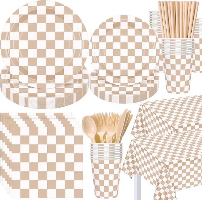 Funnymoom 452 Pcs Beige and Brown Gingham Party Supplies for 50, Beige Checkered Plaid Paper Plates Napkins Cups Tablecloth Cutlery Straws for Picnic Camping Birthday Baby Shower Decoration