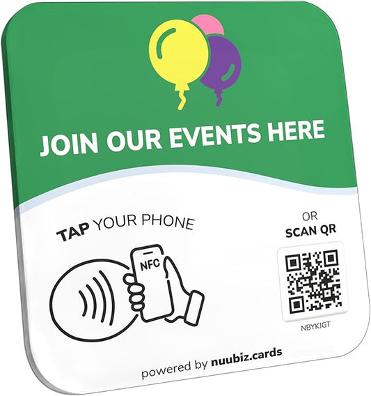 NFC Business QR Code Sign Plate for Viewing Your Events – Drive Offline Engagement Online – Works Like Review Tap Card & Social Media Sign – No App or Fees – Includes Stand or Adhesive