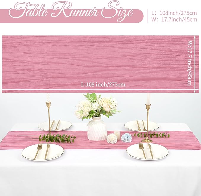 20 Pack Cheesecloth Table Runner 17 x 108 inch Long Boho Gauze Table Runners Semi Sheer Table Runner for Wedding Decor, Baby Shower, Birthday Party, Banquet (Dusty Rose)