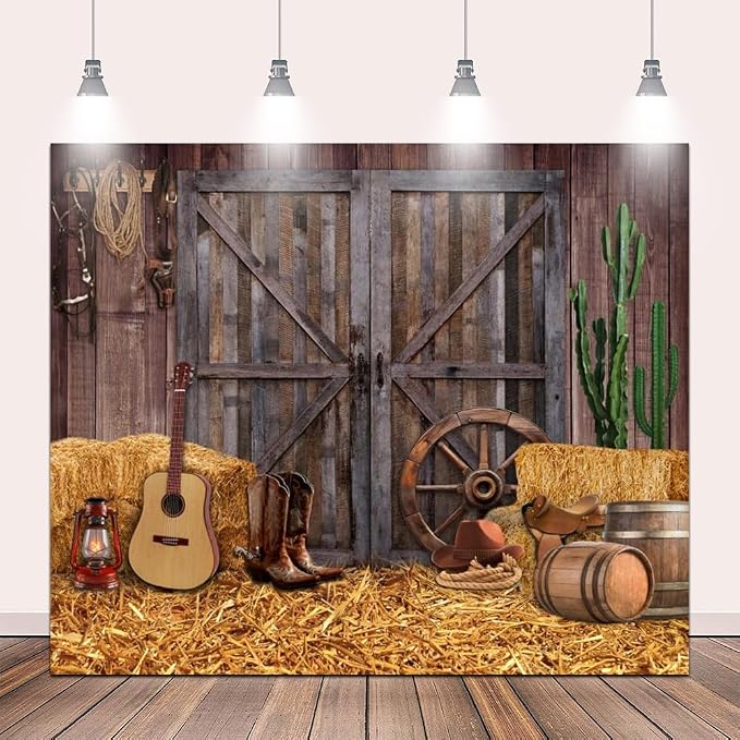 Western Backdrop 12x10ft for Western Party Decor&Photography | Thicker Vinyk Clear Image Vintage Farm Wooden Door Barn Wild West Rodeo Banner for Large Western Theme Birthday Party Decor
