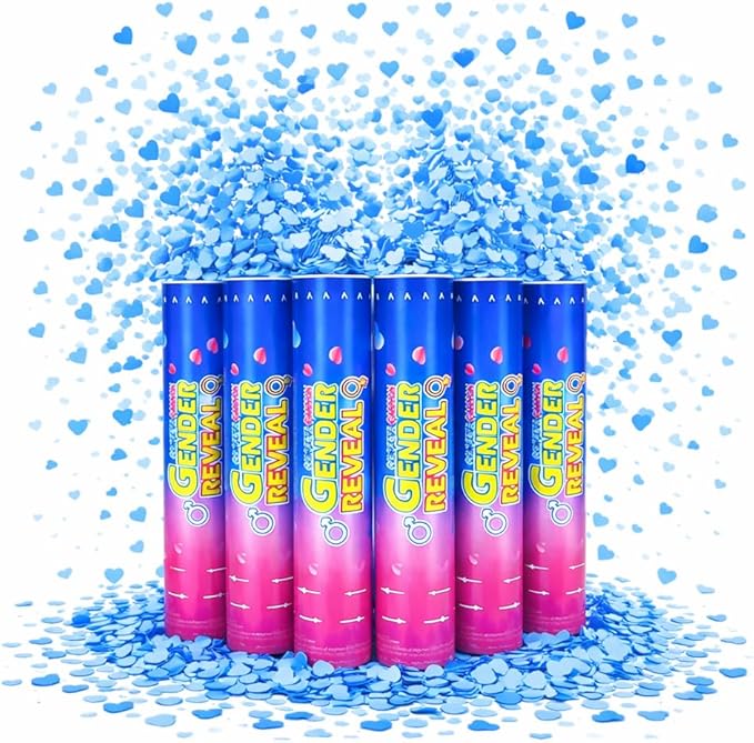 Gender Reveal Confetti Cannons – 6 Pack Blue Party Poppers – Baby Boy Gender Reveal Cannon Kit with Heart-Shaped Confetti – Easy Twist Shooters for Baby Reveal Party Decorations