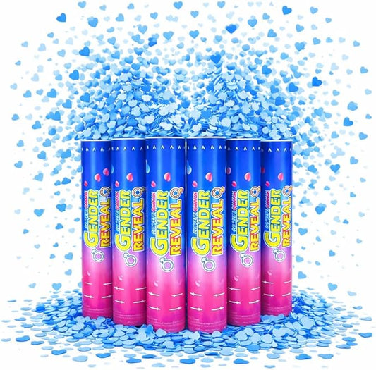 Gender Reveal Confetti Cannons – 6 Pack Blue Party Poppers – Baby Boy Gender Reveal Cannon Kit with Heart-Shaped Confetti – Easy Twist Shooters for Baby Reveal Party Decorations