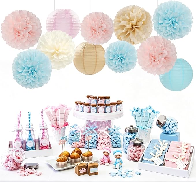 Light-Blue Pink Champagne Gender-Reveal Party-Decorations - 15pcs Boy Or Girl Paper Flowers Tissue Pom Poms Lanterns Streamers,Birthday Bear Baby Shower Neutral Hanging Supplies Decor Hugfond