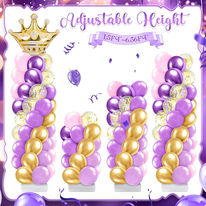 2 Sets Princess Balloon Column Stand Kit with Crown Exploding Star Foil Balloon Purple and Gold Balloons Arch Garland for Princess Birthday Wedding Baby Shower Decorations Party Supplies