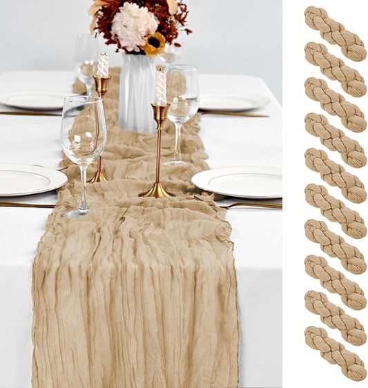 10 Pack Beige Table Runner 10Ft Cheesecloth Table Runner Boho Gauze Table Runners Romantic Long Sheer Fabric Cheese Cloth Table Runners for Wedding Party Bridal Shower(Beige)
