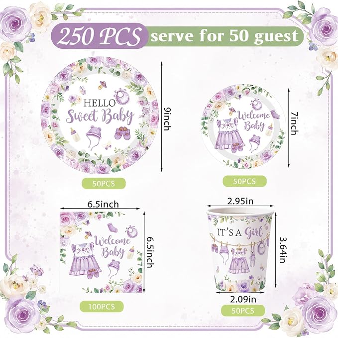 Pickmesh 250 Pcs Purple Floral Baby Girl Shower Disposable Tableware Set Hello Sweet Baby Paper Plates Napkins Cups Cutlery for Gender Reveal Birthday Party Supplies Babies Shower, Serve 50 Guest