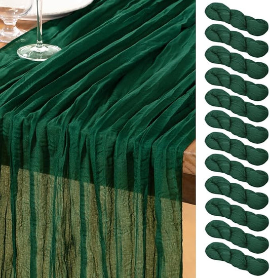 DeZerlor Emerald Green Cheesecloth Table Runner 12 Pack Spring Easter Table Runners Boho Gauze 120 Inches Cheese Cloth Table Decor for Wedding Bridal Baby Shower Parties