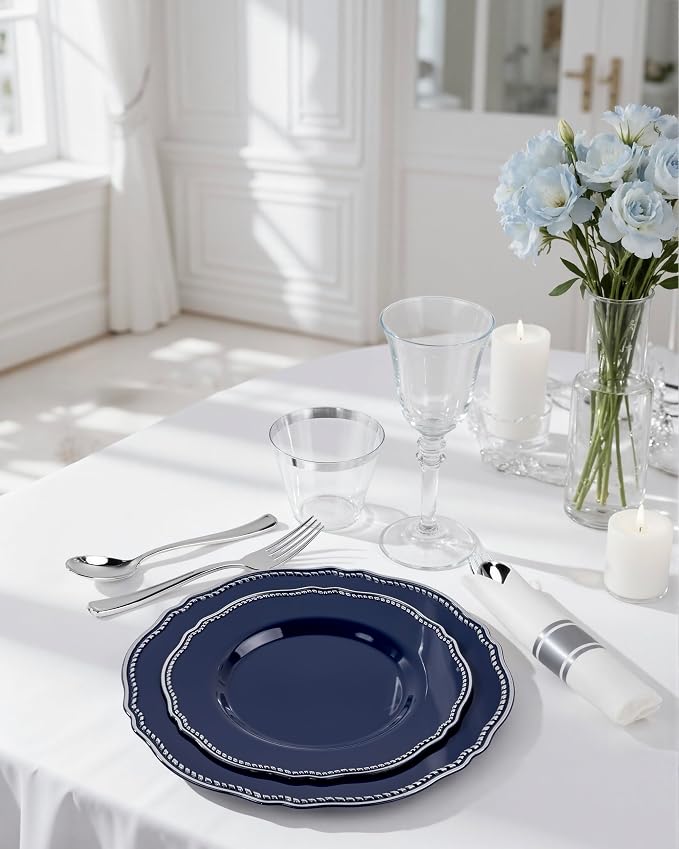 Hioasis 350pcs Blue Silver Plastic Plates - Silver Plastic Dinnerware Set Includes 50 Dinner Plates, 50 Dessert Dinnerware, 50 Cups, 50 Napkins Perfect for Wedding & Party & 4th ofJuly
