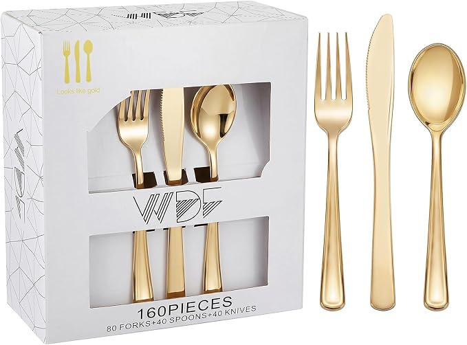 WDF 160 Piece Gold Plastic Silverware - Heavy Duty Gold Silverware Includes 80 Forks, 40 Spoons, 40 Knives, Plastic Utensils Perfect for Wedding, Christmas Party
