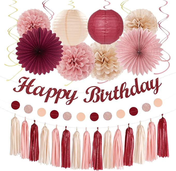 Rose-Gold Burgundy Champagne Women Birthday Party Decorations Hugmoon | 31pcs 67 50th Cherry Pastel Girls Banner,Paper Lanterns,Streamers, Pom Poms Fans,Tassel Garland Birthday Kit Decor Backdrop