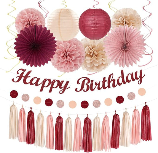 Rose-Gold Burgundy Champagne Women Birthday Party Decorations Hugmoon | 31pcs 67 50th Cherry Pastel Girls Banner,Paper Lanterns,Streamers, Pom Poms Fans,Tassel Garland Birthday Kit Decor Backdrop